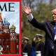 The latest upcoming cover of Time magazine (left) and President Donald Trump waving at the US Coast Guard Academy graduation ceremony on May 17, 2017 (Photo by Drew Angerer/Getty Images)